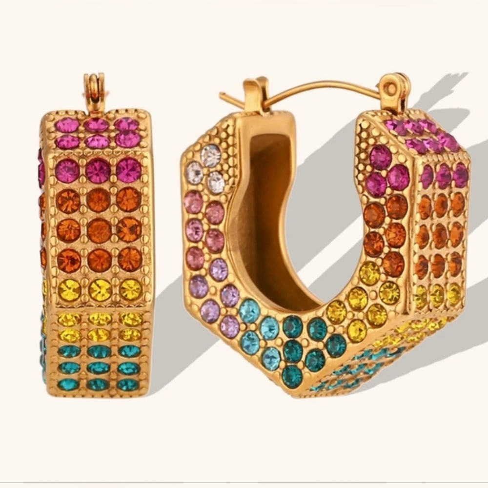 NWT 14k Gold Bohme Multicolor Tarnish Free Hexagonal Earrings